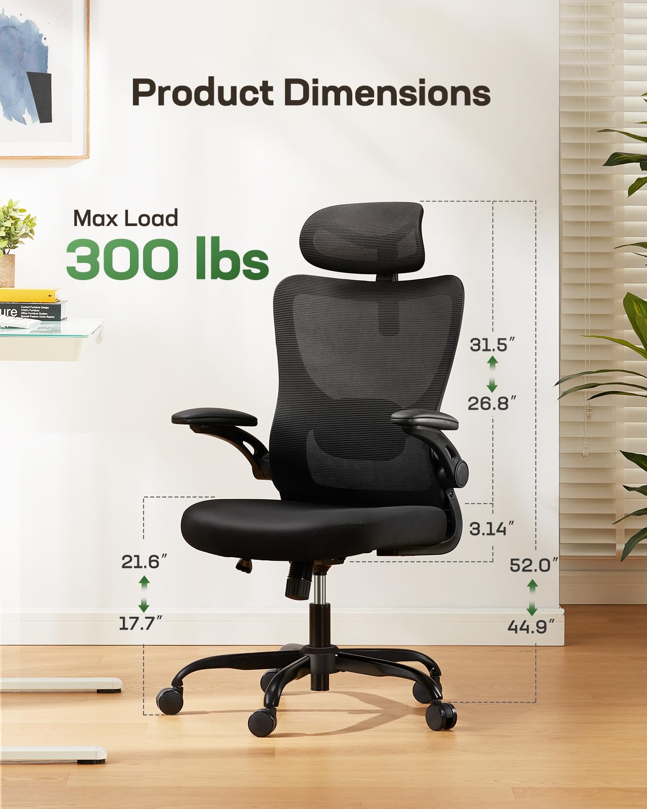 Ergonomic Office Chair with Mesh Back, Adjustable Lumbar Support, 3D Armrests & Headrest,
