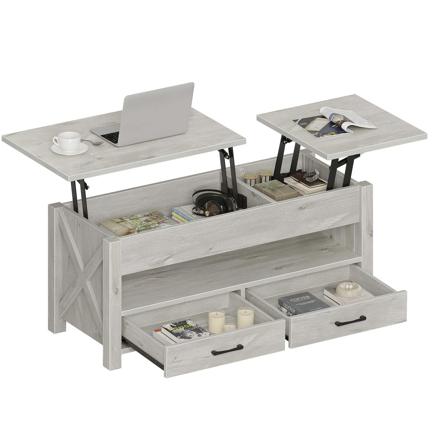 47.2" Black Lift Top Coffee Table – Farmhouse X-Frame Center Table with Hidden Storage & 2 Drawers