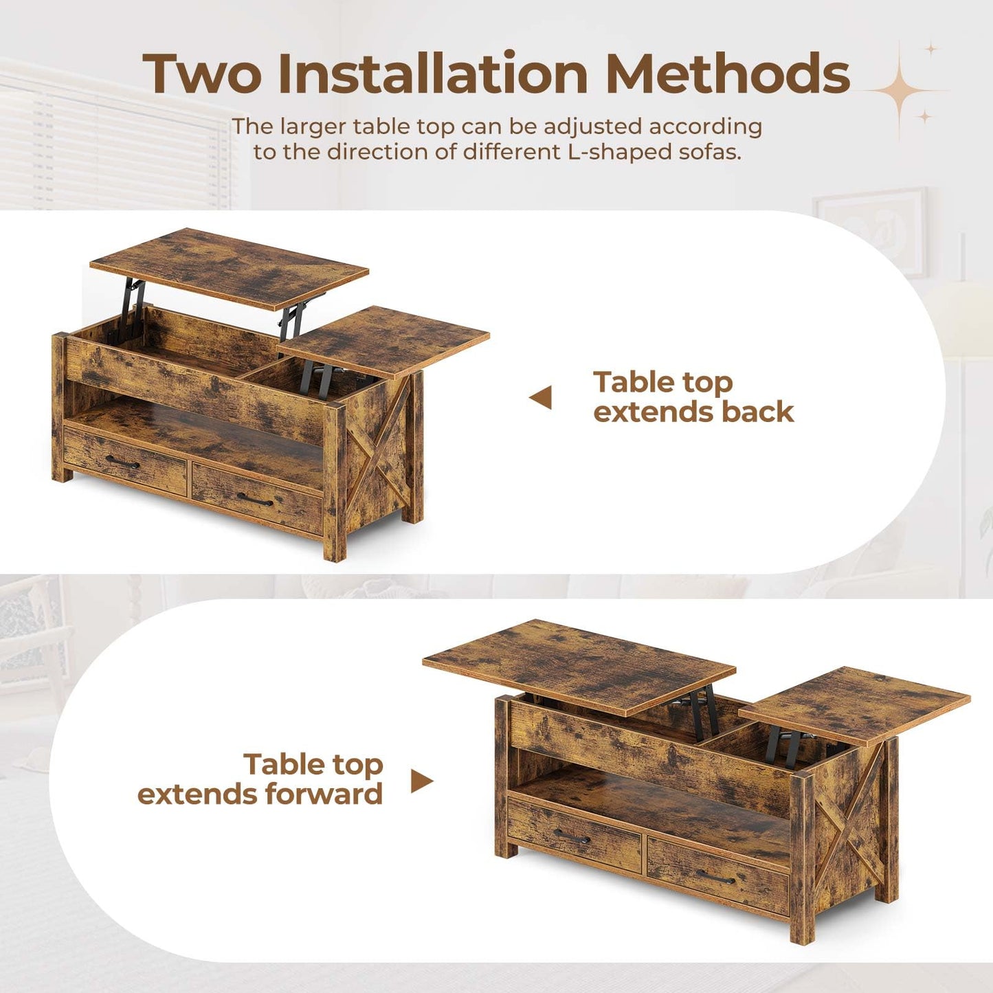 47.2" Black Lift Top Coffee Table – Farmhouse X-Frame Center Table with Hidden Storage & 2 Drawers