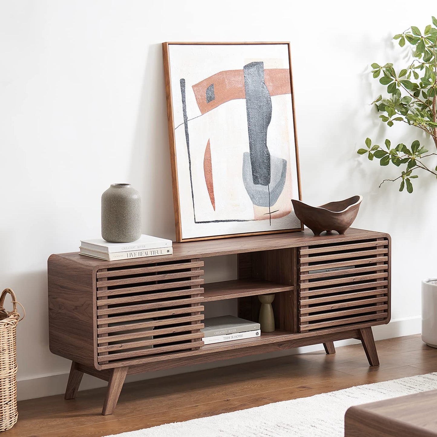 Mid-Century Modern TV Stand – 59" Walnut Entertainment Center for 55–65 Inch TVs,