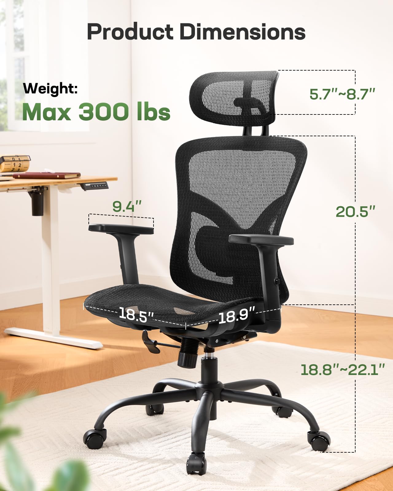 Ergonomic Office Chair with Mesh Back, Adjustable Lumbar Support, 3D Armrests & Headrest,