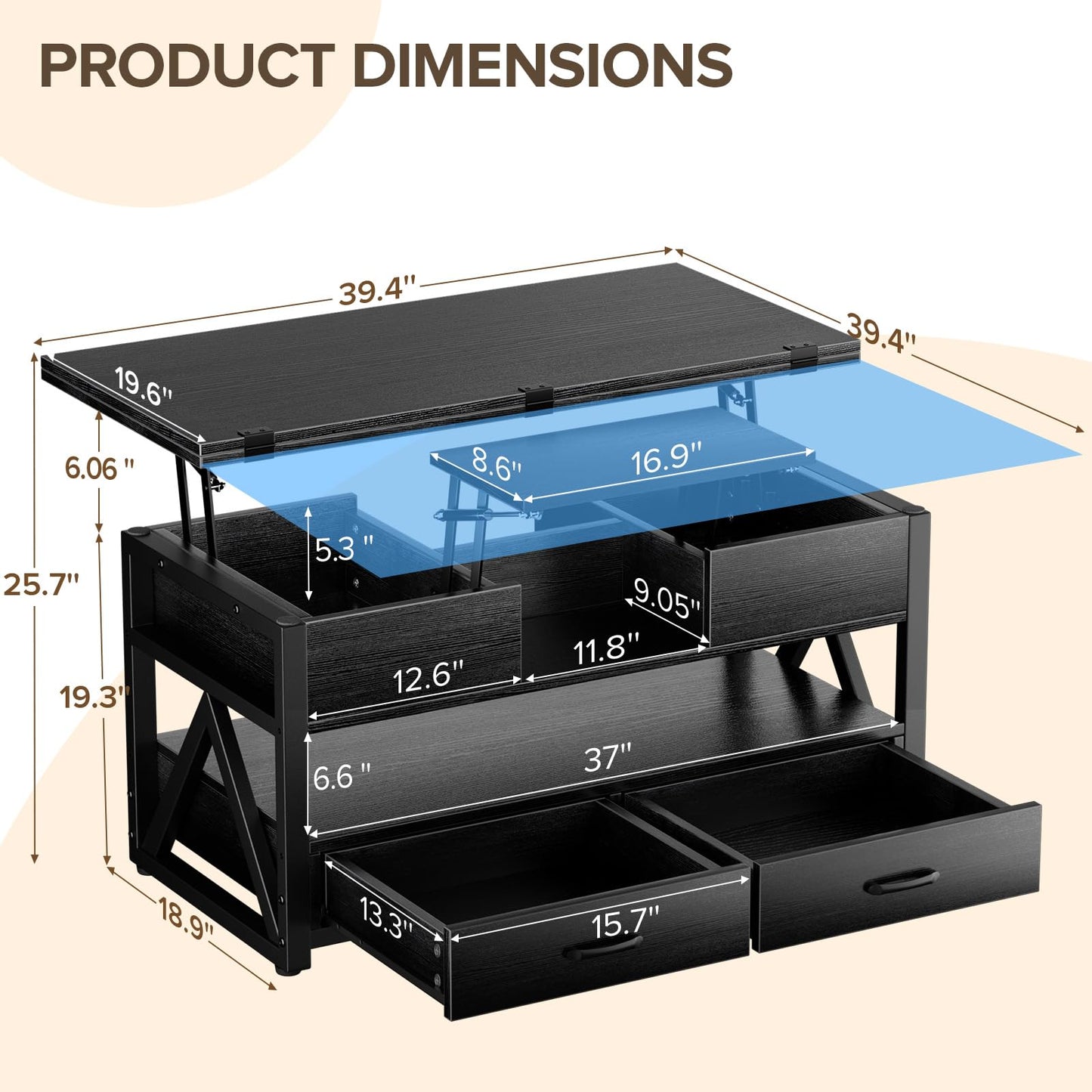 40" Lift Top Coffee Table,4 in 1 Multi-Function Lift Coffee Tables with Storage Drawers