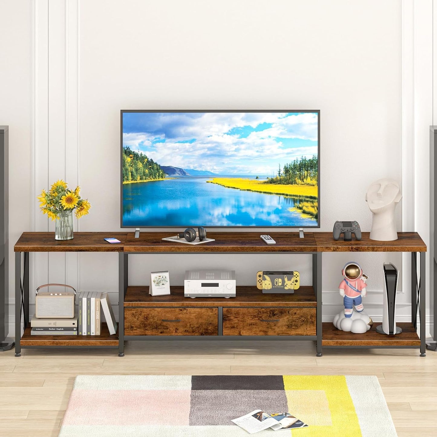 63" Rustic Brown TV Stand for 65–75 Inch TVs – Industrial Entertainment Center with Fabric Drawers