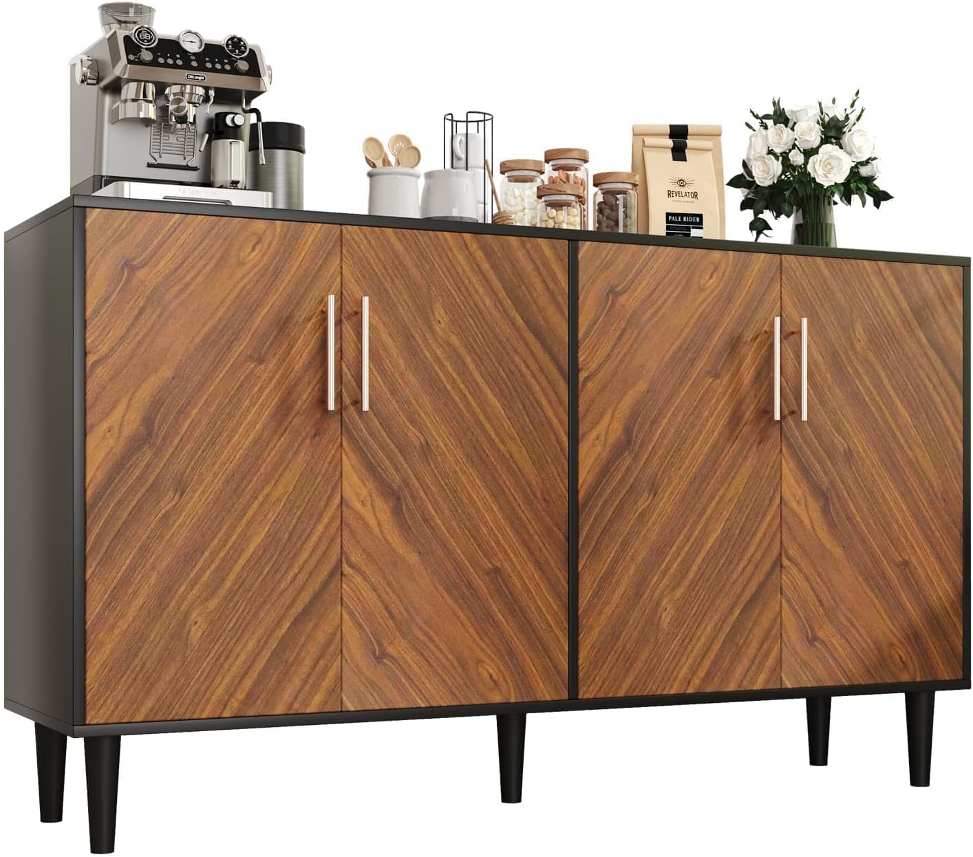 58" Coffee Bar Cabinet with Storage, Buffet Cabinet with 4 Large Doors, Storage Cabine