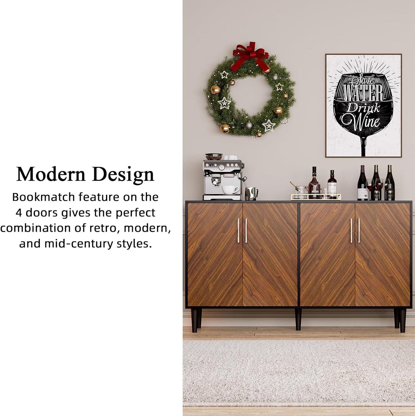 58" Coffee Bar Cabinet with Storage, Buffet Cabinet with 4 Large Doors, Storage Cabine