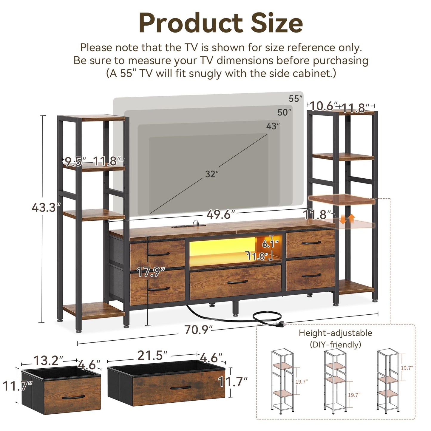 Black TV Stand with LED Lights & Power Outlets, 5 Drawer Entertainment Center for 40–50 Inch TVs