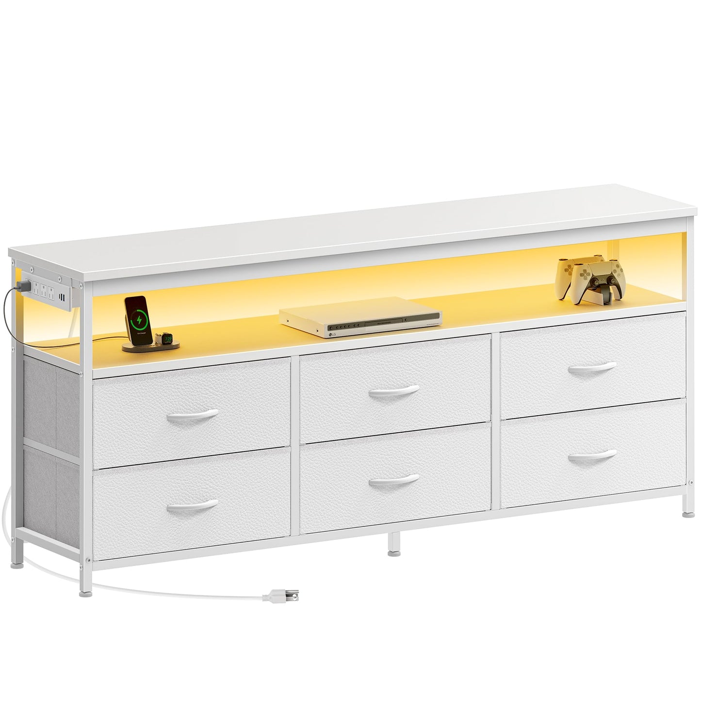 63" Black LED TV Stand with Power Outlets – Long Dresser Entertainment Center