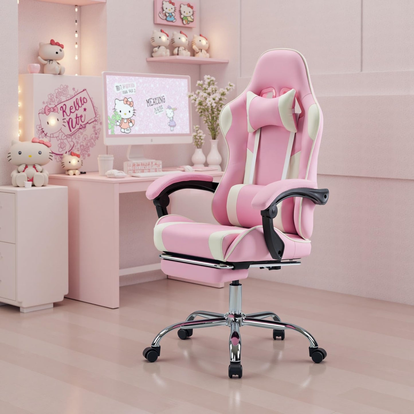 White Pink Gaming Chair with Footrest & Headrest, PU Leather Reclining Office Chair