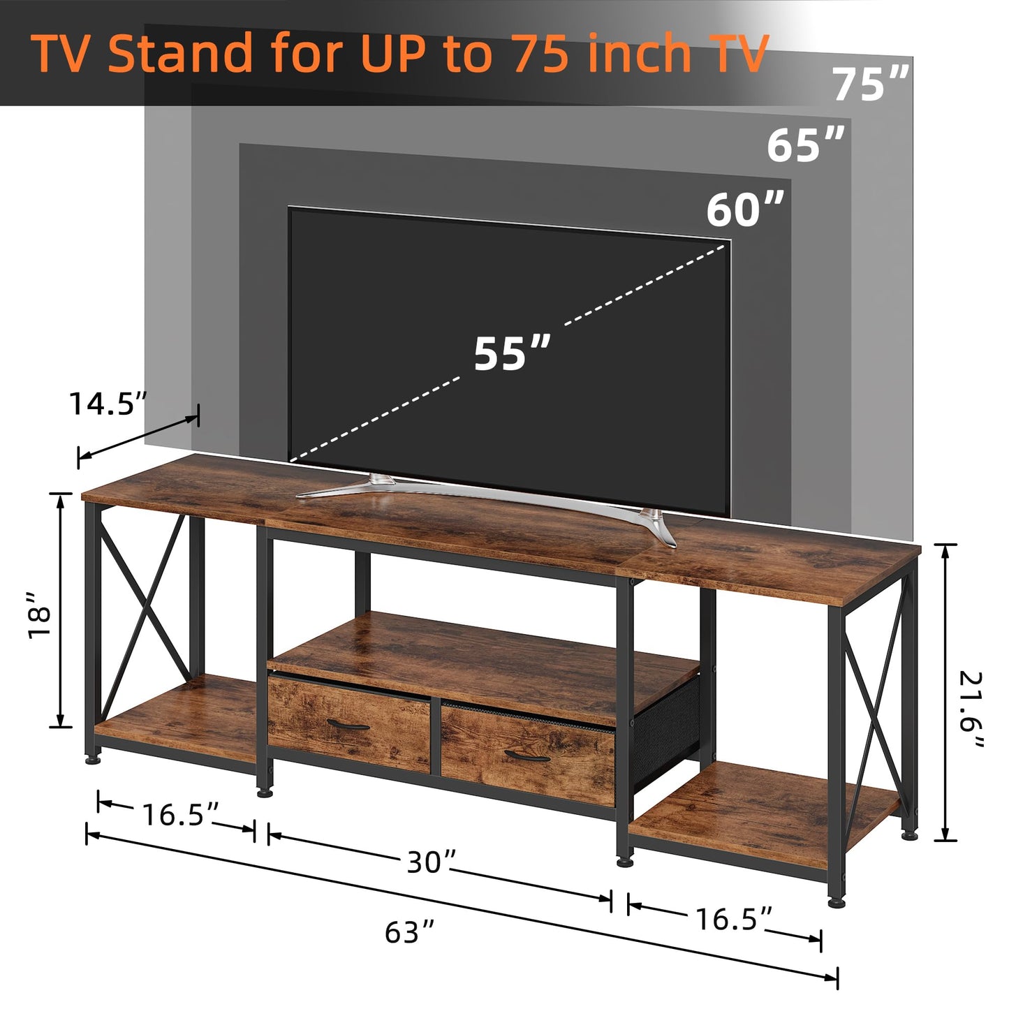 63" Rustic Brown TV Stand for 65–75 Inch TVs – Industrial Entertainment Center with Fabric Drawers