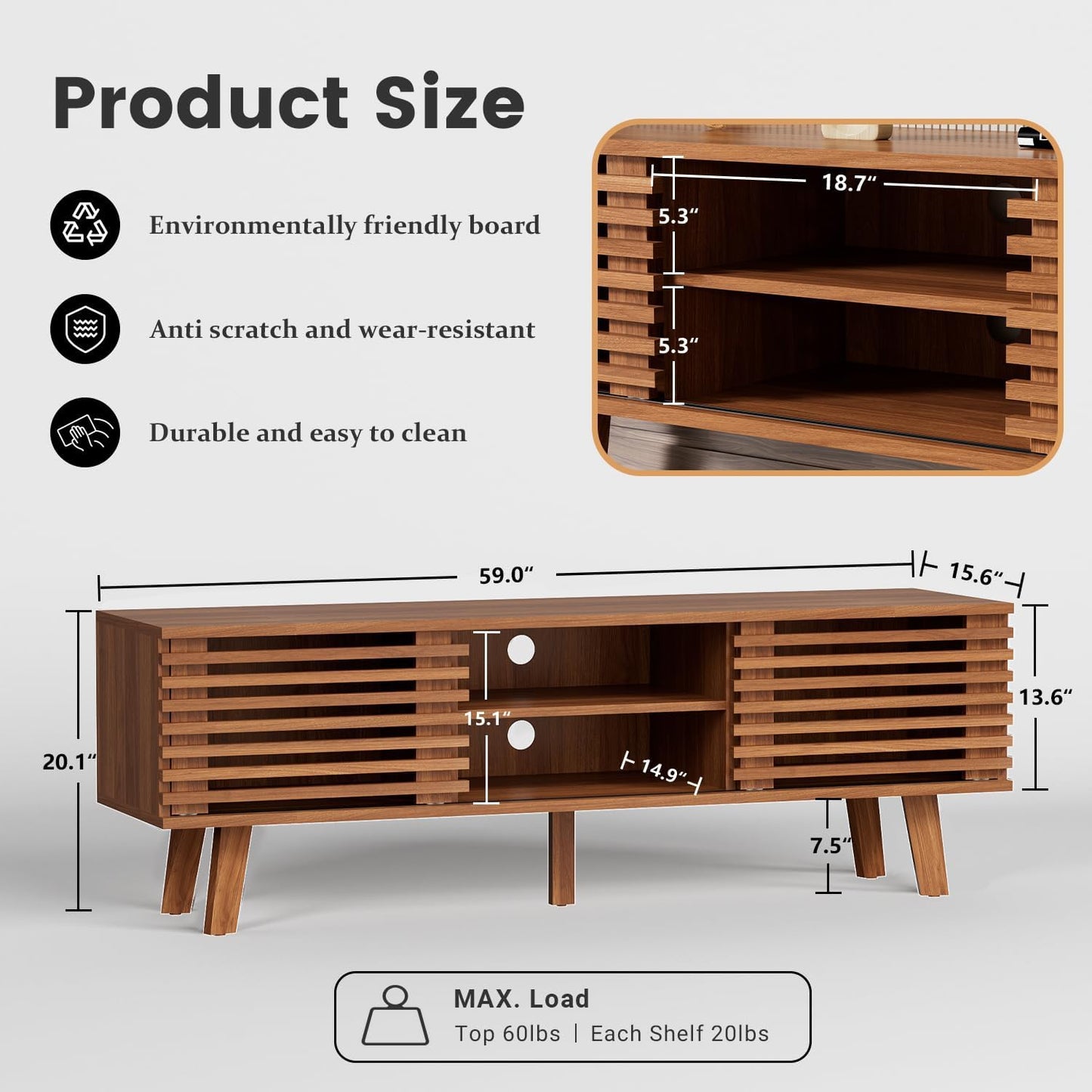 Modern Boho TV Stand for 55–65 Inch TVs – Entertainment Center with Sliding Doors & Storage