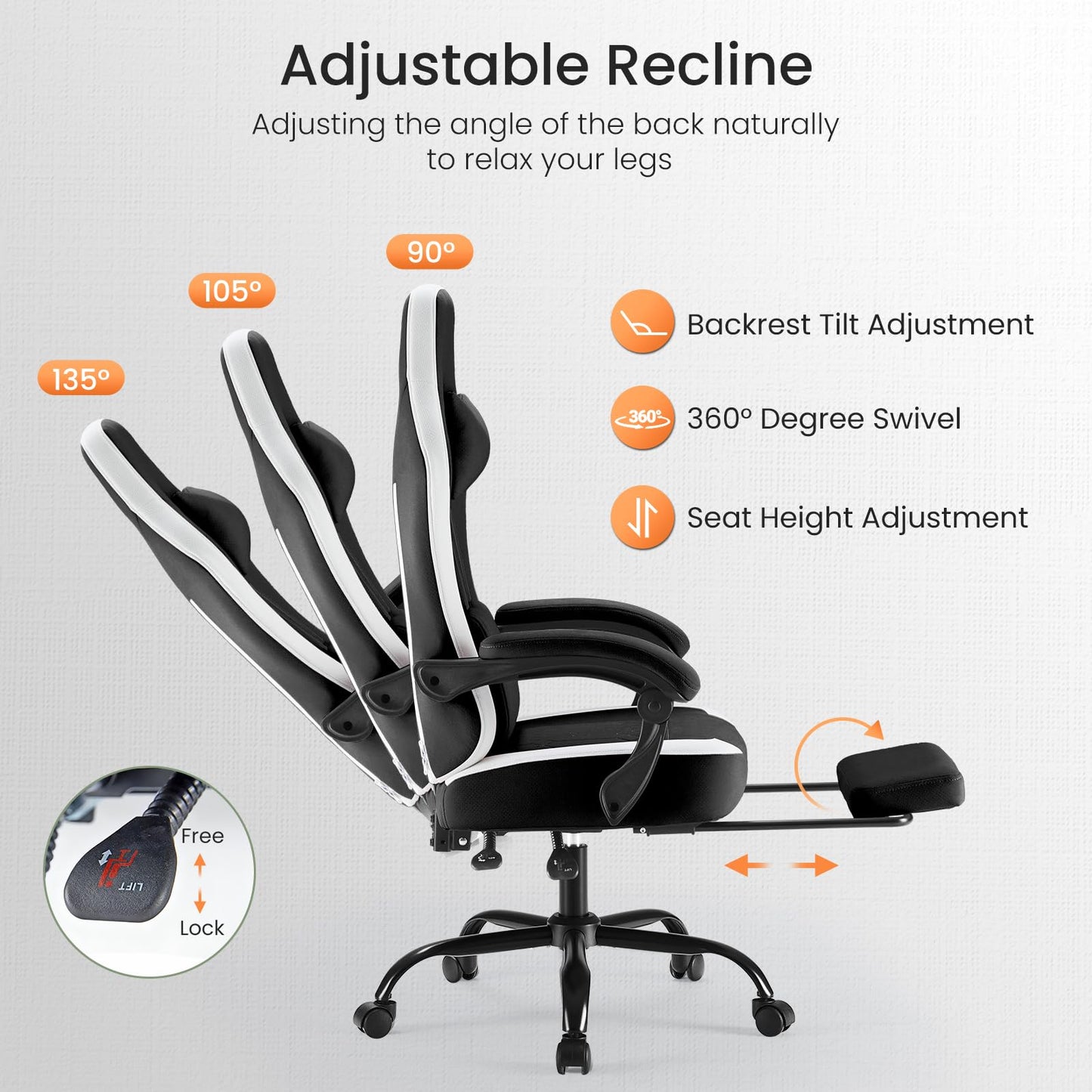 White Pink Gaming Chair with Footrest & Headrest, PU Leather Reclining Office Chair