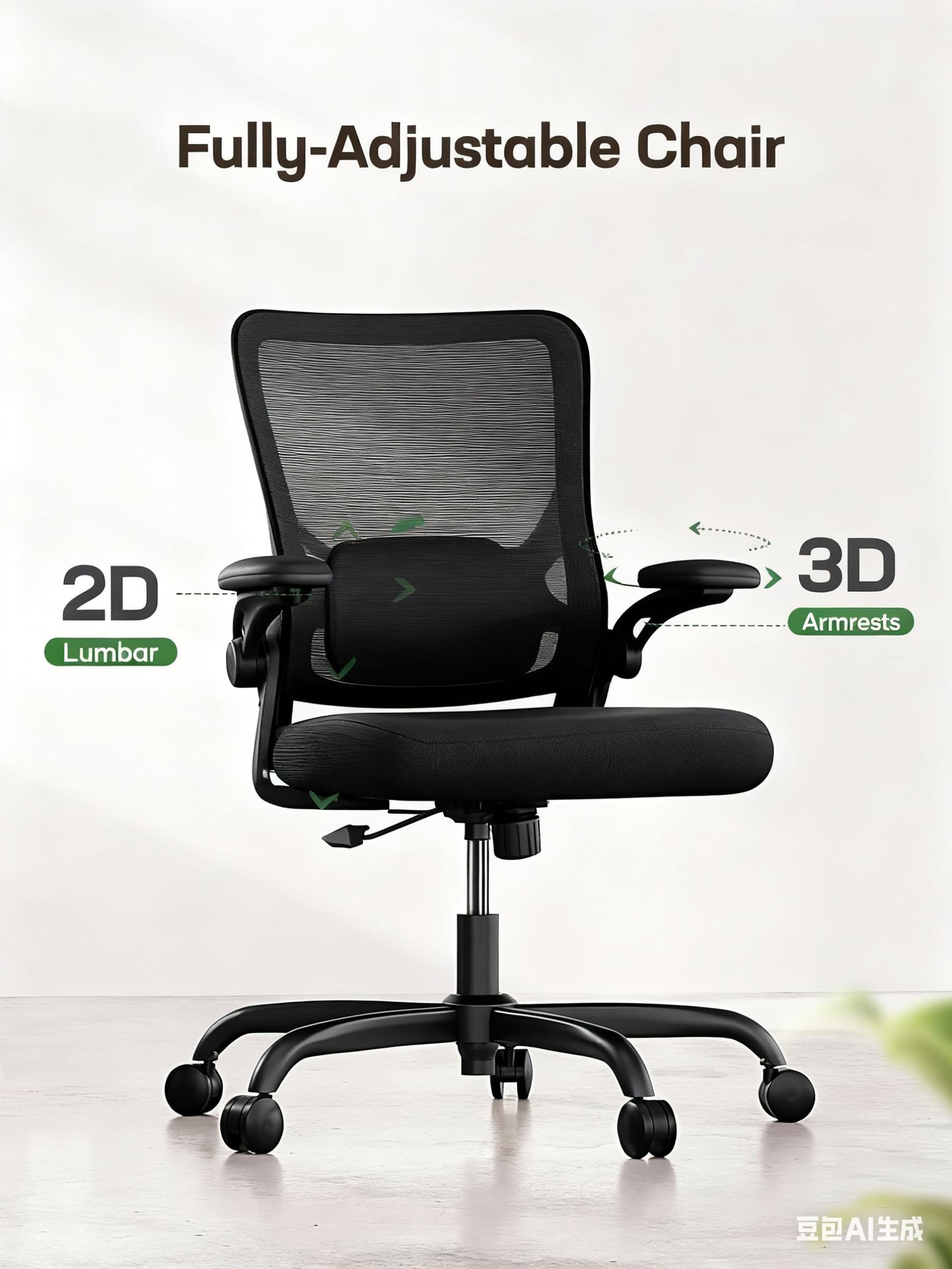 Ergonomic Office Chair with Mesh Back, Adjustable Lumbar Support, 3D Armrests & Headrest,