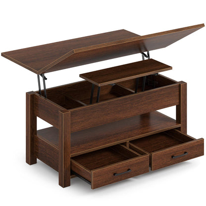Lift Top Coffee Table – Convertible Espresso Table with Drawers & Hidden Storage,