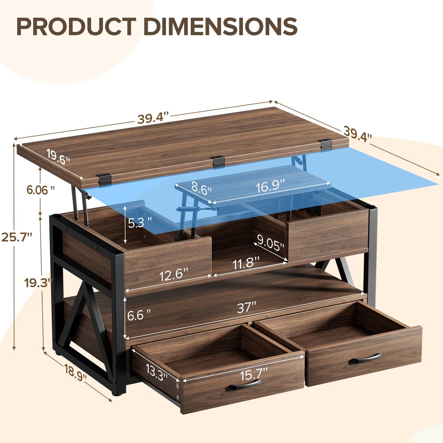 40" Lift Top Coffee Table,4 in 1 Multi-Function Lift Coffee Tables with Storage Drawers