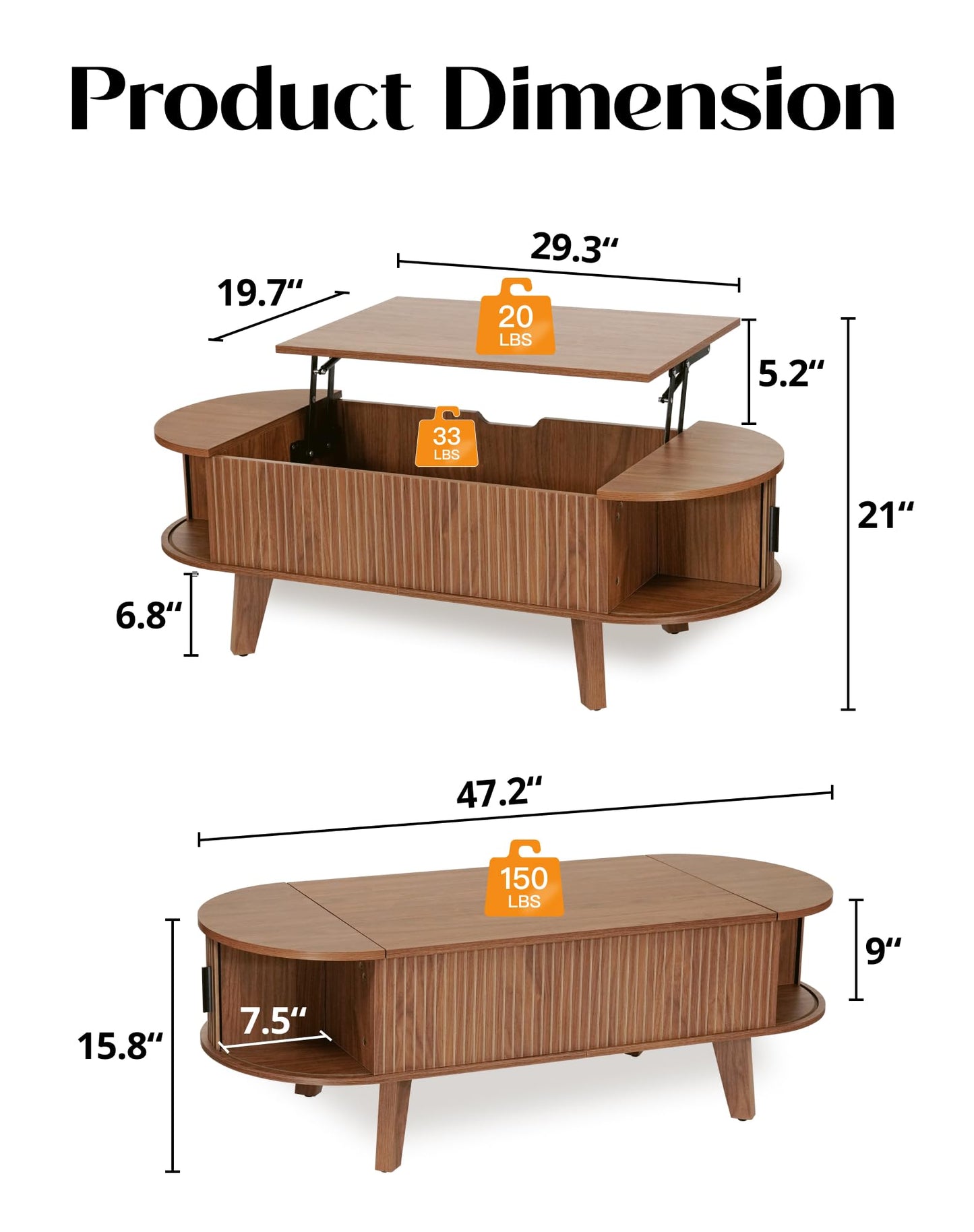 Oval Lift Top Coffee Table with Storage, 47.2" Mid Century Modern Living Room Center Table