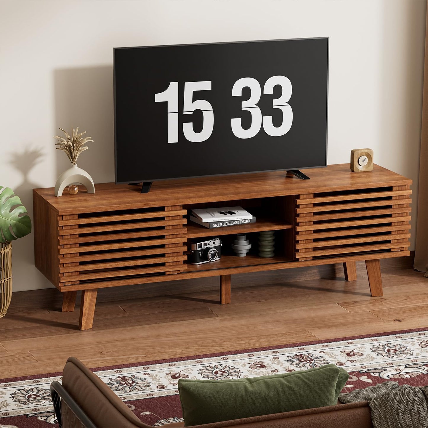 Modern Boho TV Stand for 55–65 Inch TVs – Entertainment Center with Sliding Doors & Storage