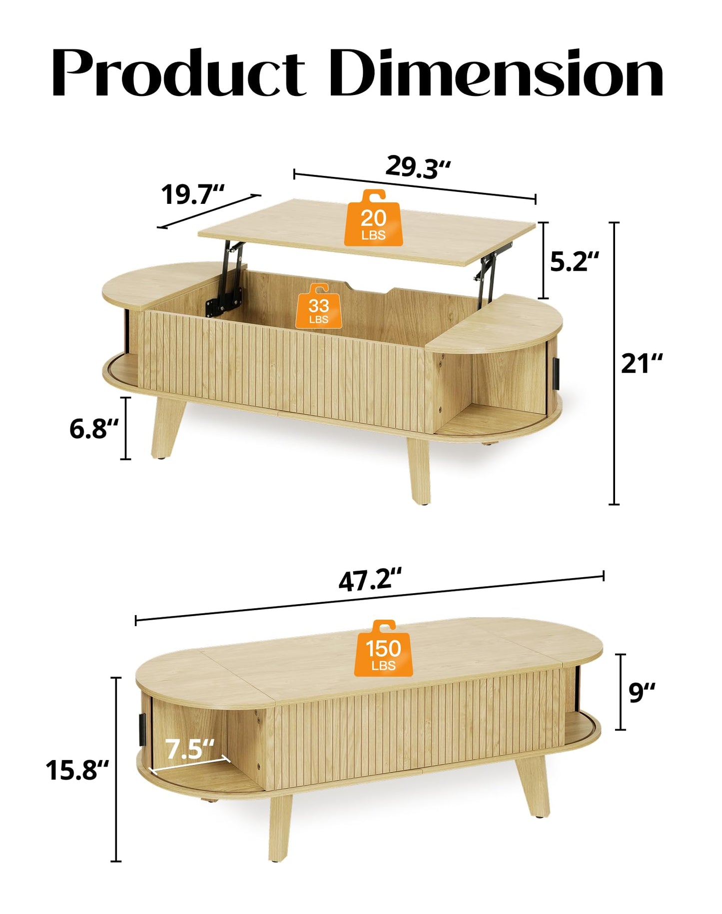 Oval Lift Top Coffee Table with Storage, 47.2" Mid Century Modern Living Room Center Table