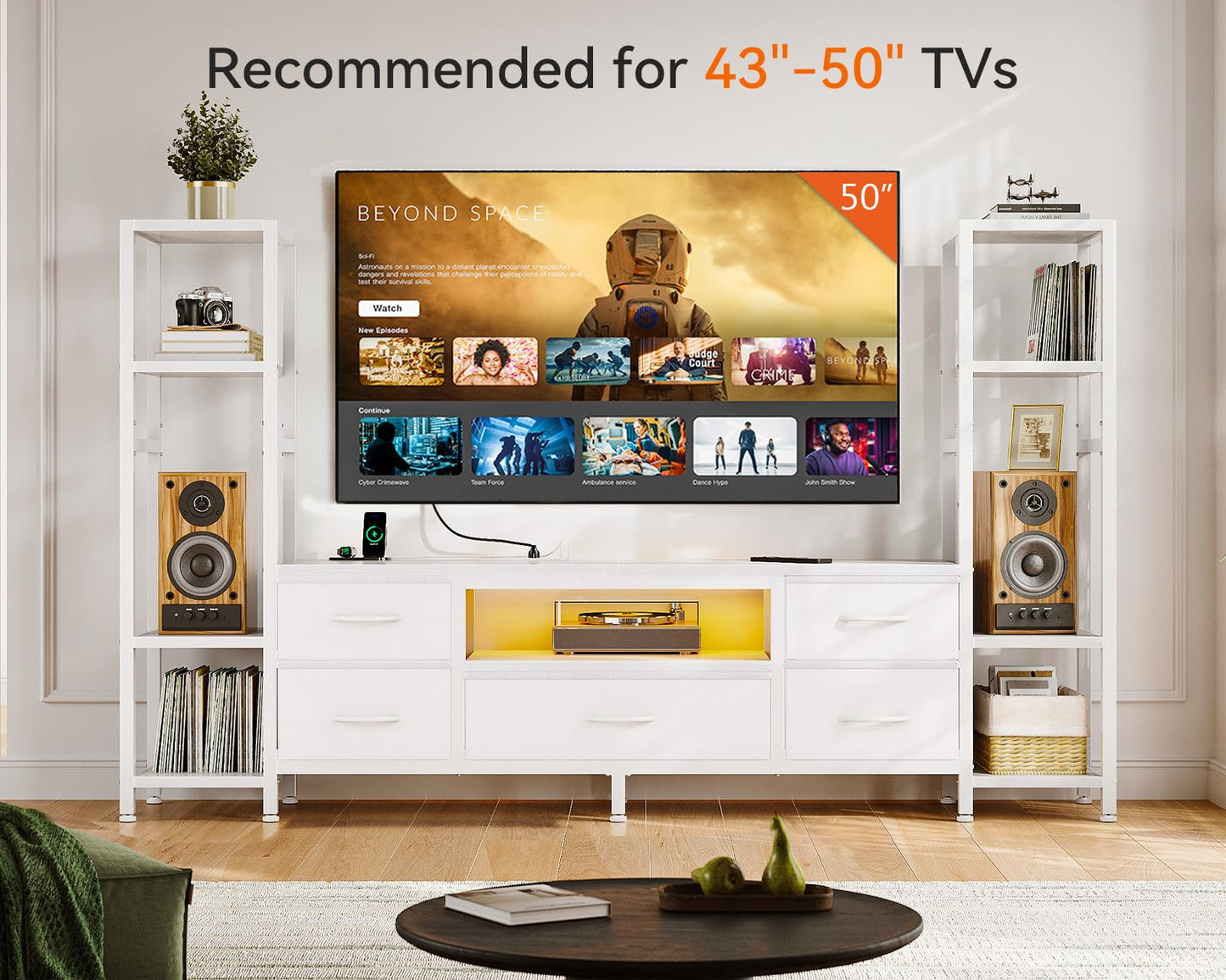 Black TV Stand with LED Lights & Power Outlets, 5 Drawer Entertainment Center for 40–50 Inch TVs