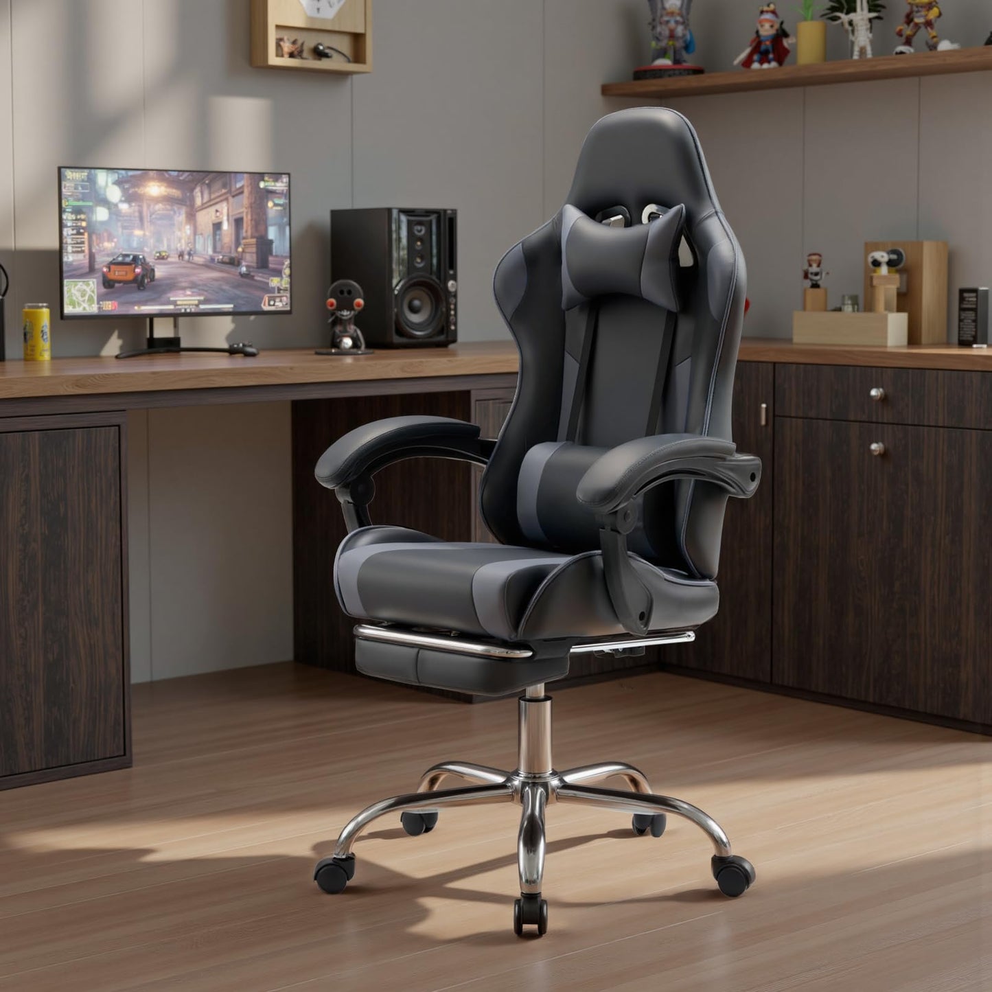 White Pink Gaming Chair with Footrest & Headrest, PU Leather Reclining Office Chair