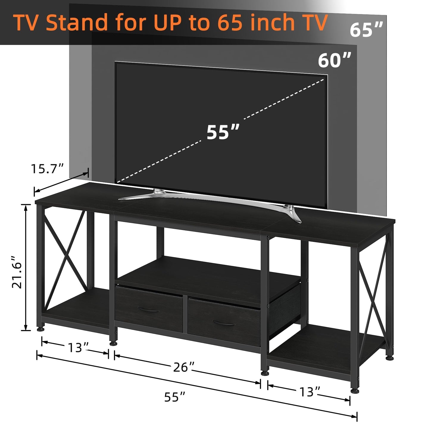 63" Rustic Brown TV Stand for 65–75 Inch TVs – Industrial Entertainment Center with Fabric Drawers
