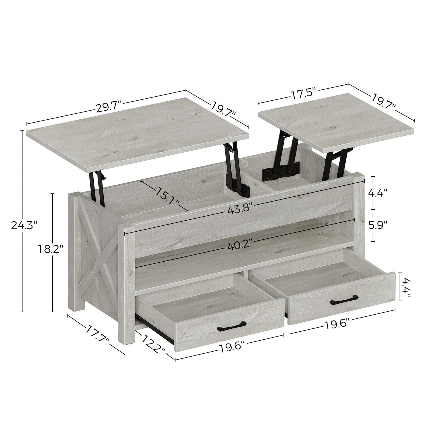 47.2" Black Lift Top Coffee Table – Farmhouse X-Frame Center Table with Hidden Storage & 2 Drawers