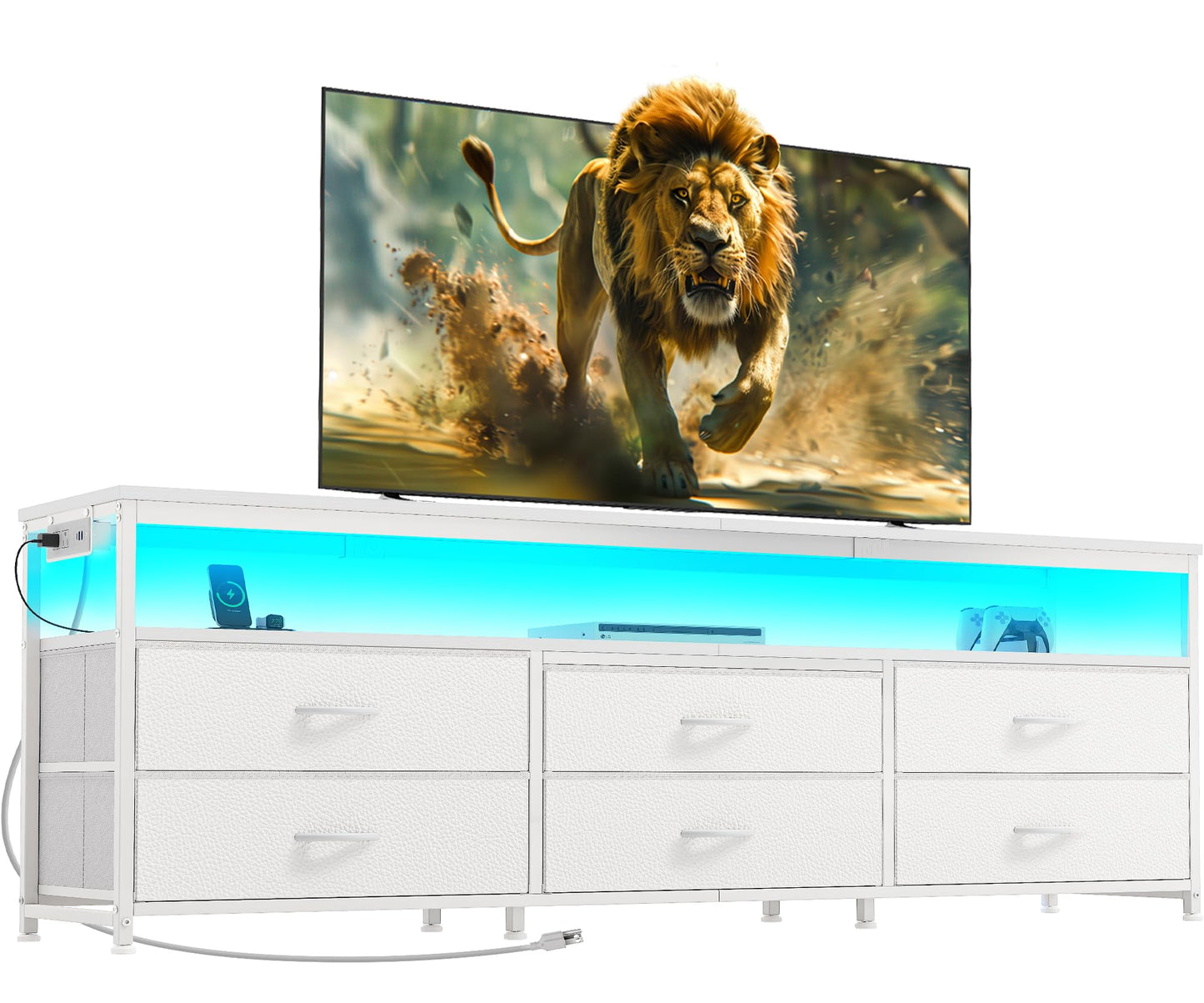 63" Black LED TV Stand with Power Outlets – Long Dresser Entertainment Center