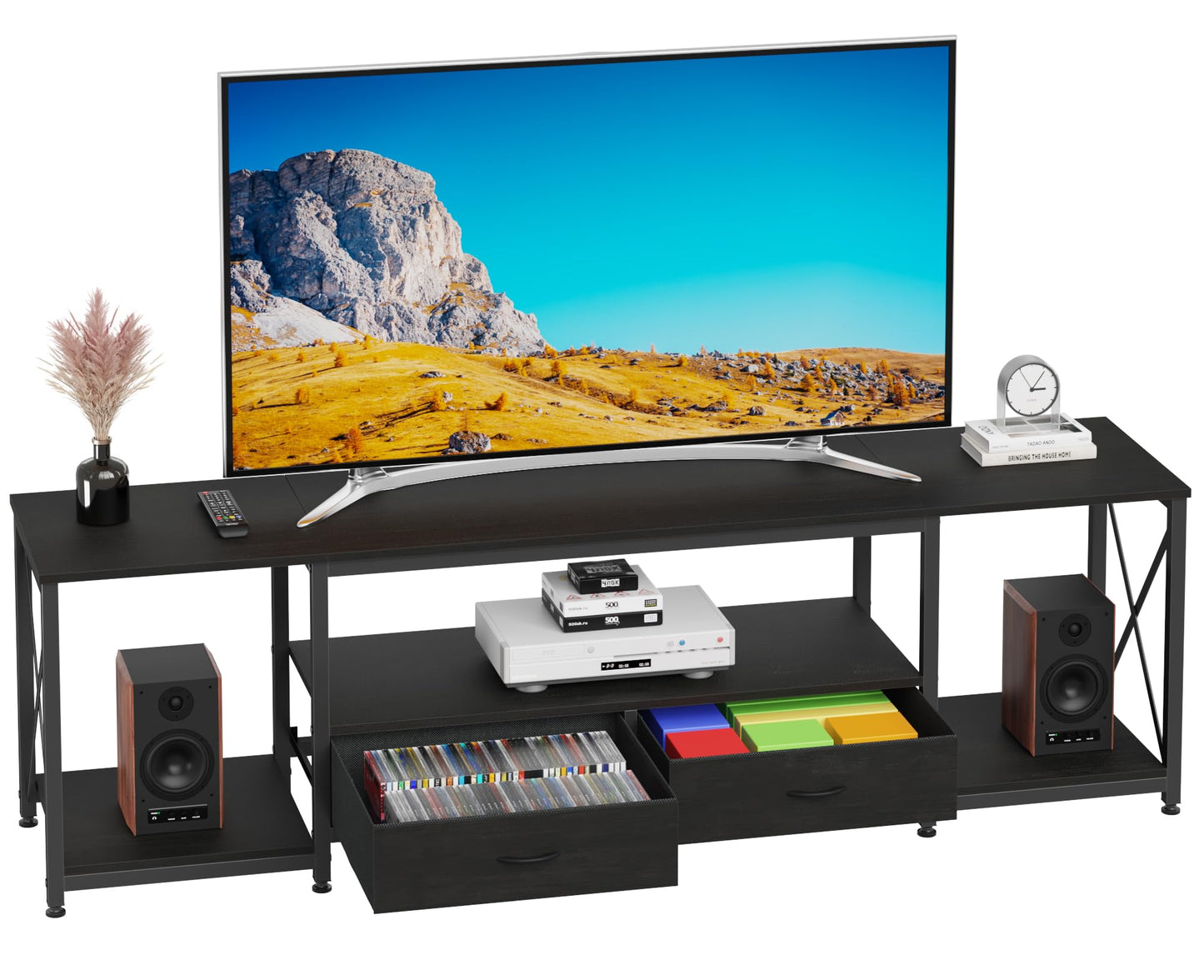 63" Rustic Brown TV Stand for 65–75 Inch TVs – Industrial Entertainment Center with Fabric Drawers