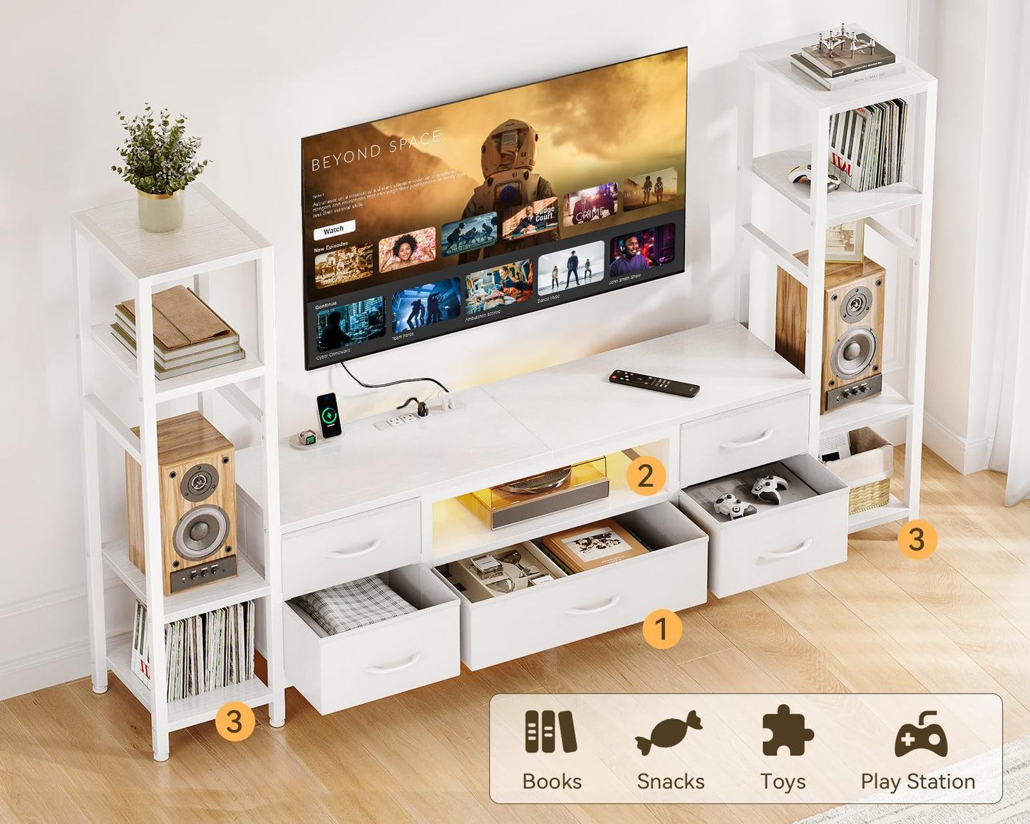 Black TV Stand with LED Lights & Power Outlets, 5 Drawer Entertainment Center for 40–50 Inch TVs