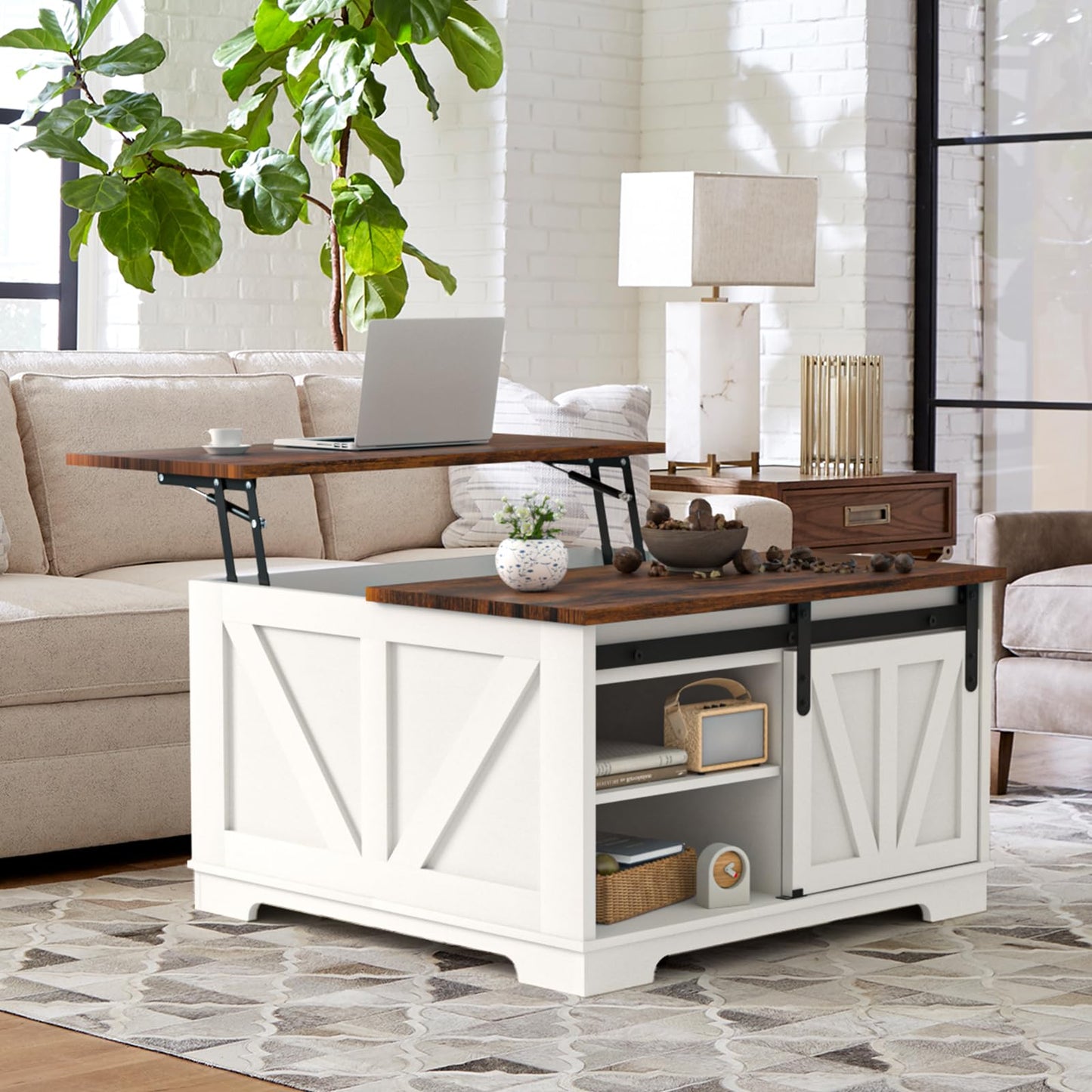 31.5" Lift Top Farmhouse Coffee Table – Square Center Table with Hidden Storage,