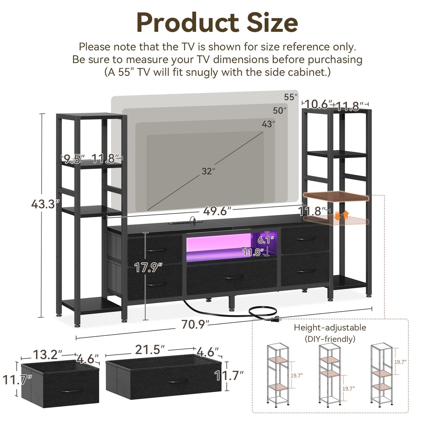 Black TV Stand with LED Lights & Power Outlets, 5 Drawer Entertainment Center for 40–50 Inch TVs