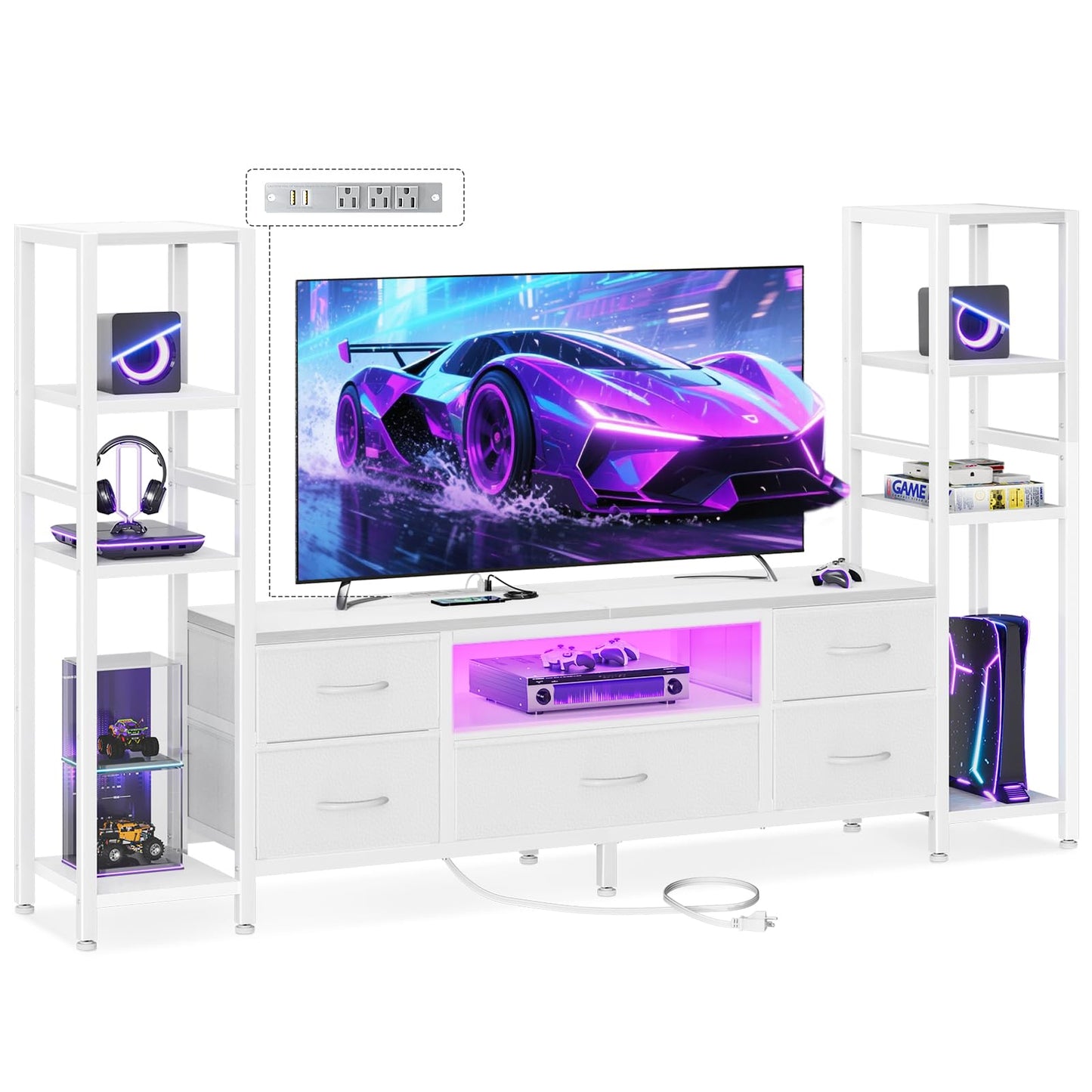 Black TV Stand with LED Lights & Power Outlets, 5 Drawer Entertainment Center for 40–50 Inch TVs