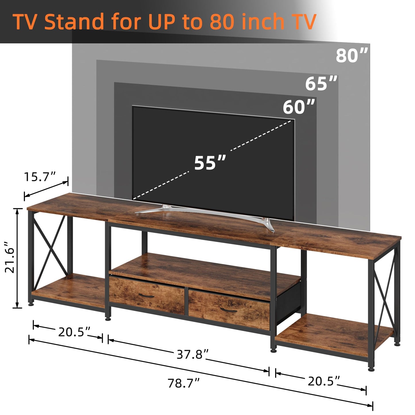 63" Rustic Brown TV Stand for 65–75 Inch TVs – Industrial Entertainment Center with Fabric Drawers