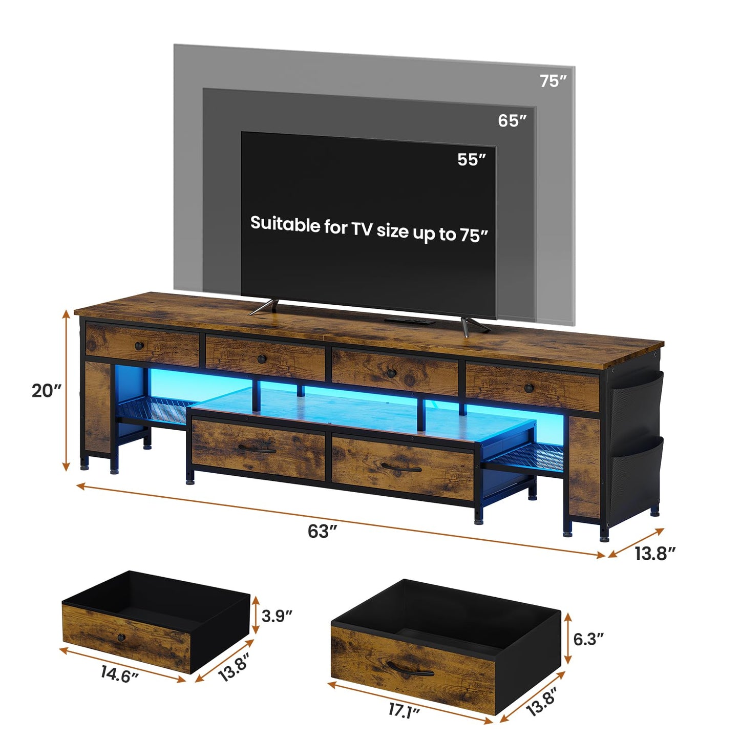 63" Rustic Brown LED TV Stand for 65–75 Inch TVs – Entertainment Center with Power Outlets,