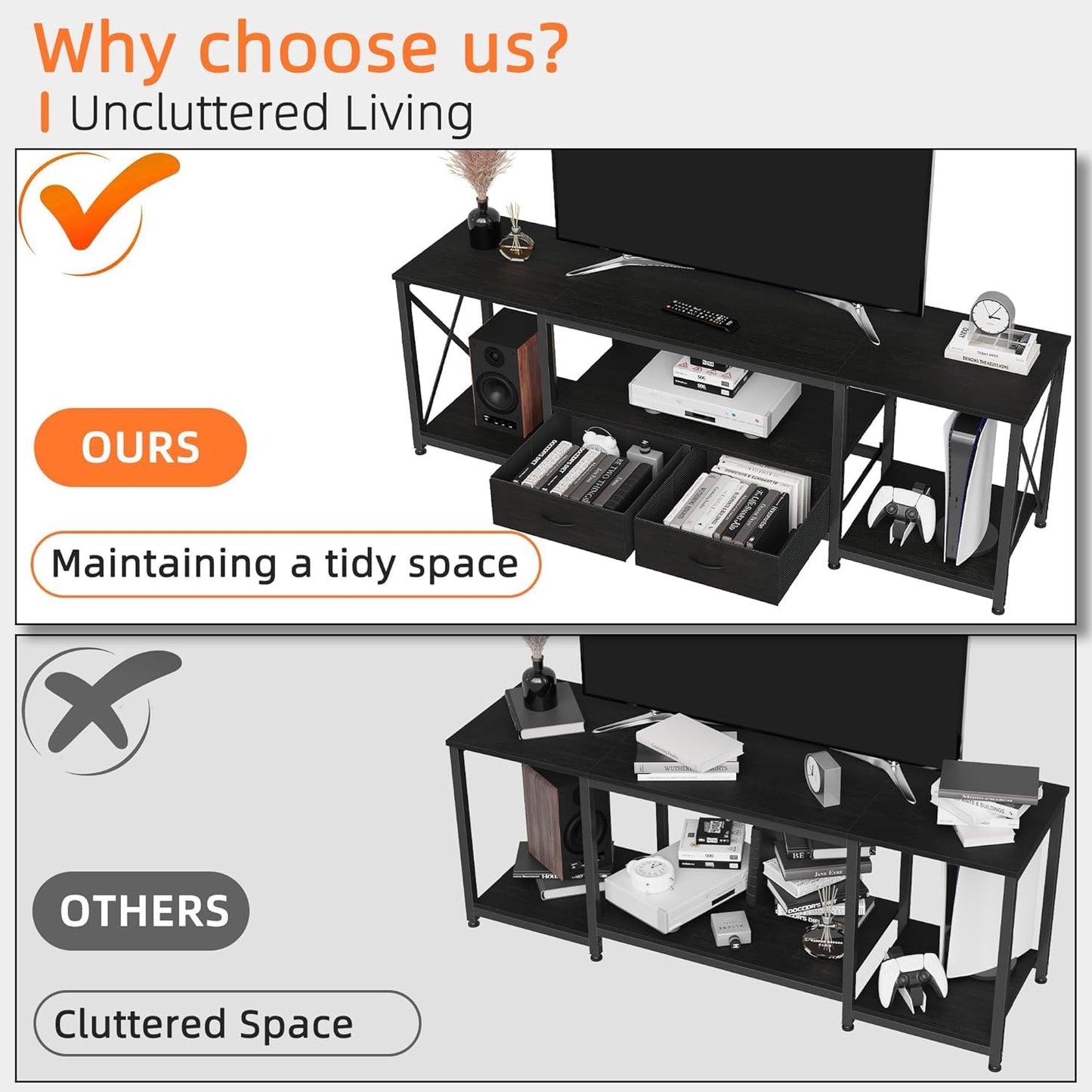 63" Rustic Brown TV Stand for 65–75 Inch TVs – Industrial Entertainment Center with Fabric Drawers