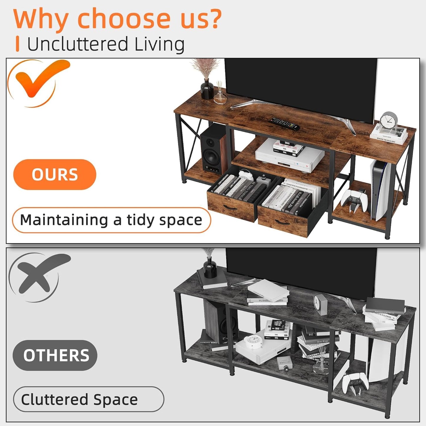 63" Rustic Brown TV Stand for 65–75 Inch TVs – Industrial Entertainment Center with Fabric Drawers