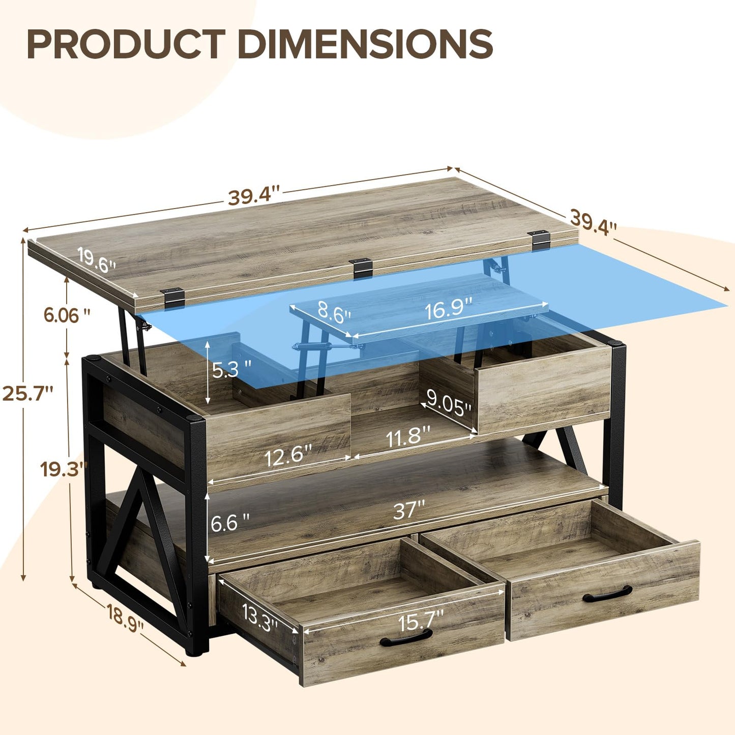 40" Lift Top Coffee Table,4 in 1 Multi-Function Lift Coffee Tables with Storage Drawers