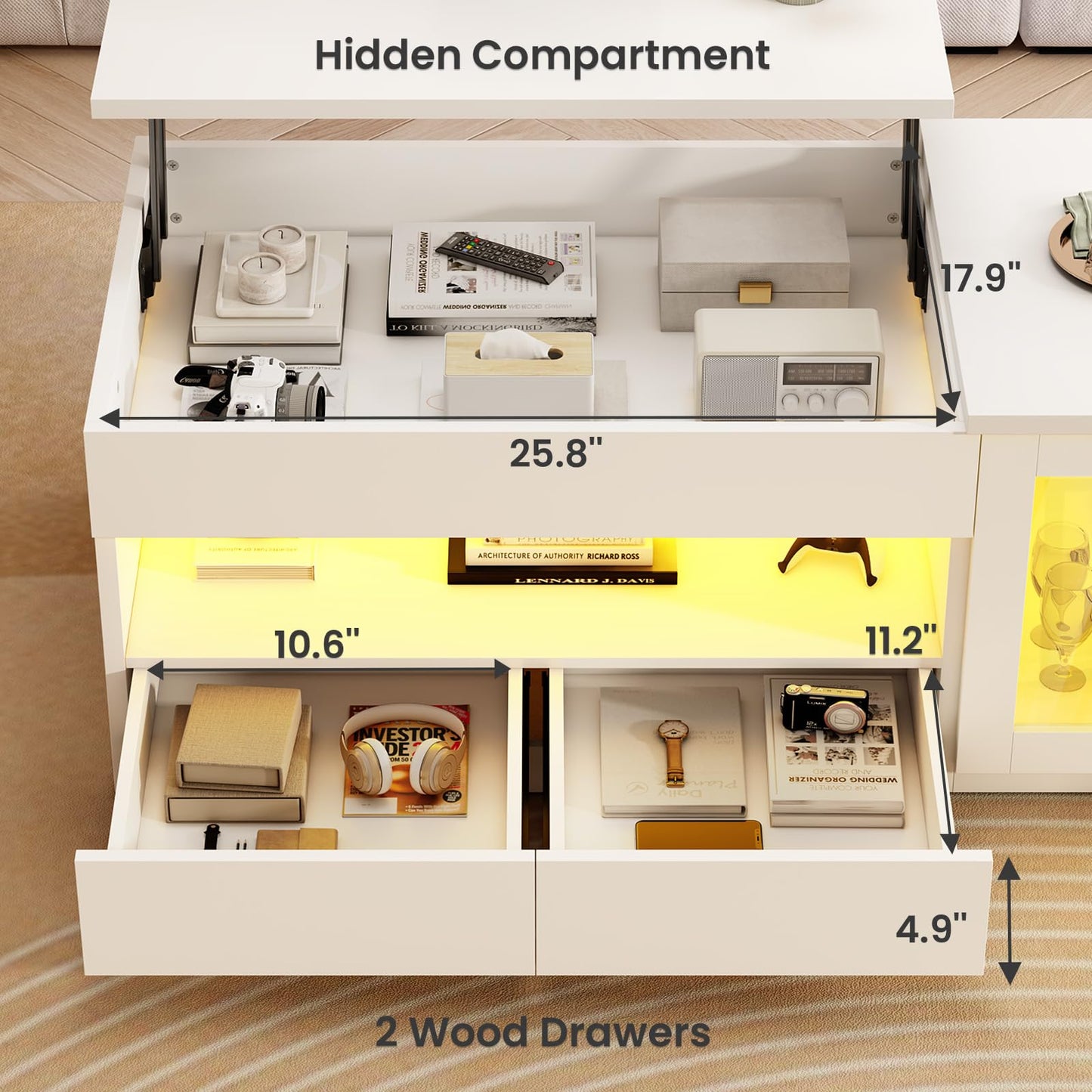 39.4" Lift Top Coffee Table with 2 Drawers, Modern LED Coffee Tables for Living Room