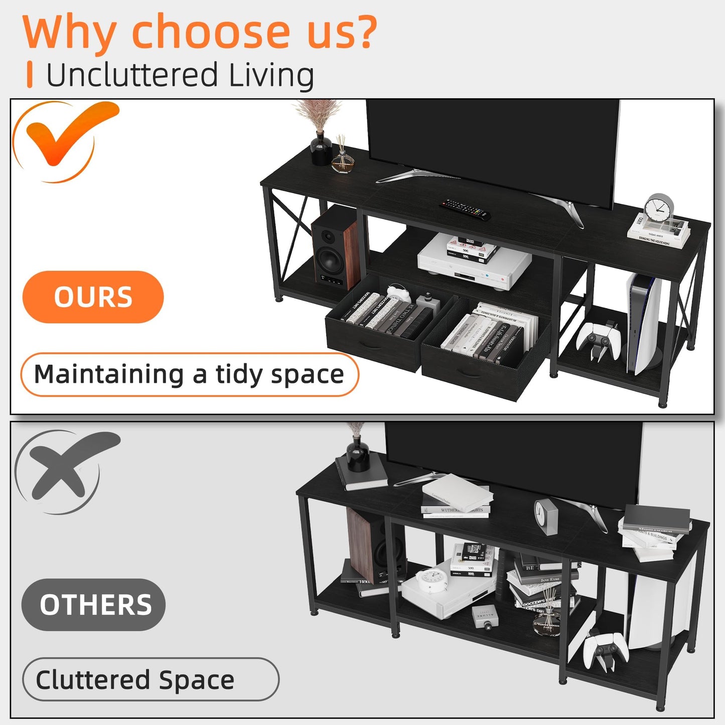 63" Rustic Brown TV Stand for 65–75 Inch TVs – Industrial Entertainment Center with Fabric Drawers