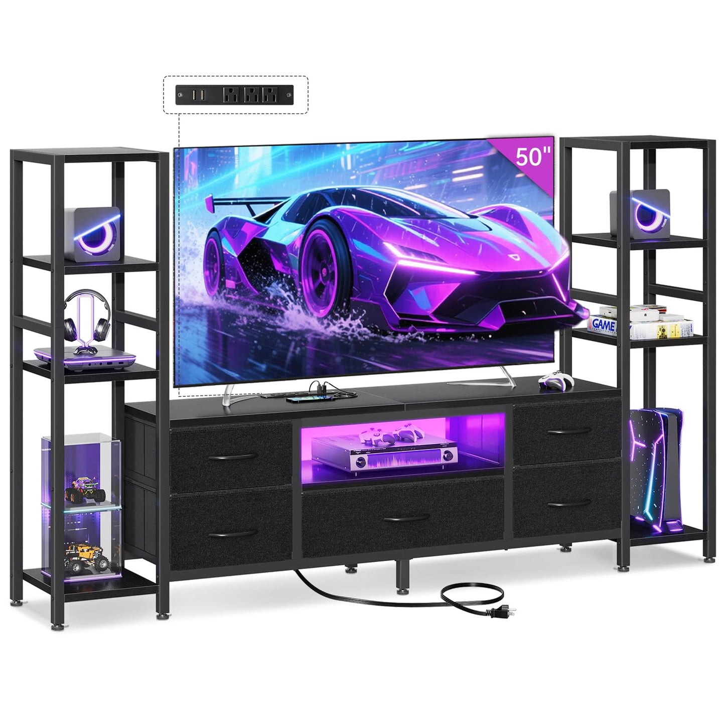 Black TV Stand with LED Lights & Power Outlets, 5 Drawer Entertainment Center for 40–50 Inch TVs
