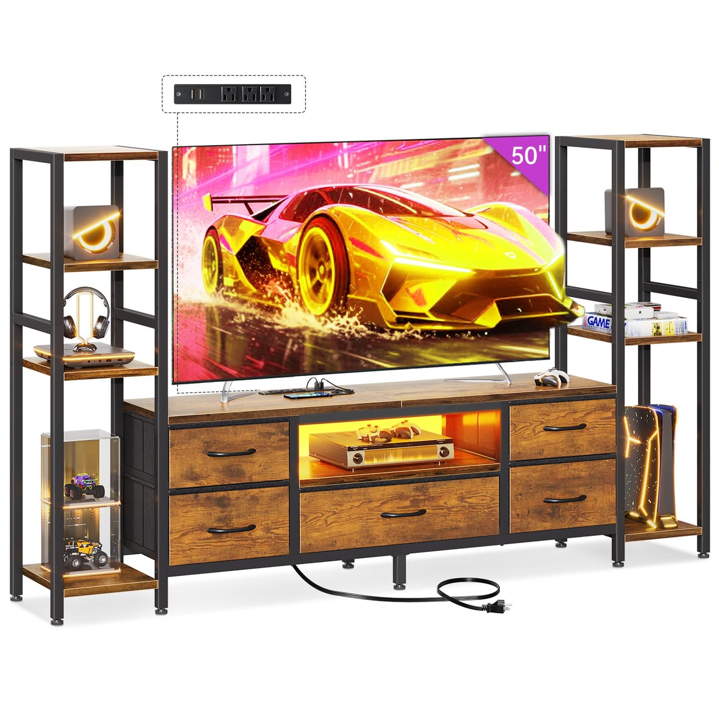 Black TV Stand with LED Lights & Power Outlets, 5 Drawer Entertainment Center for 40–50 Inch TVs
