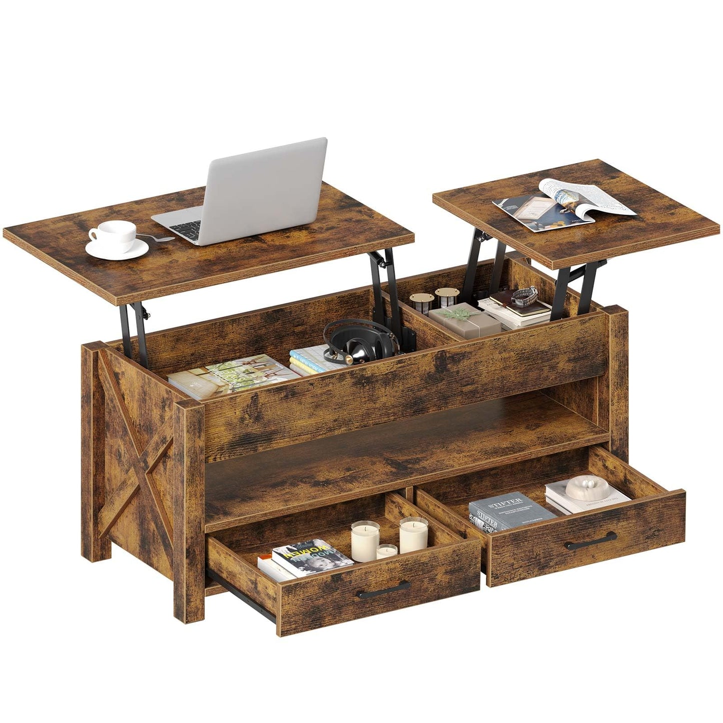 47.2" Black Lift Top Coffee Table – Farmhouse X-Frame Center Table with Hidden Storage & 2 Drawers