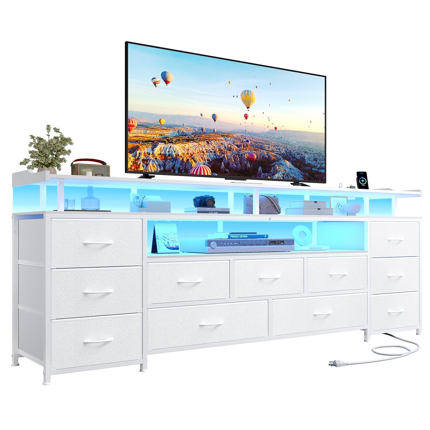 63" White TV Stand for 65 Inch TV – LED Entertainment Center with Charging Station,
