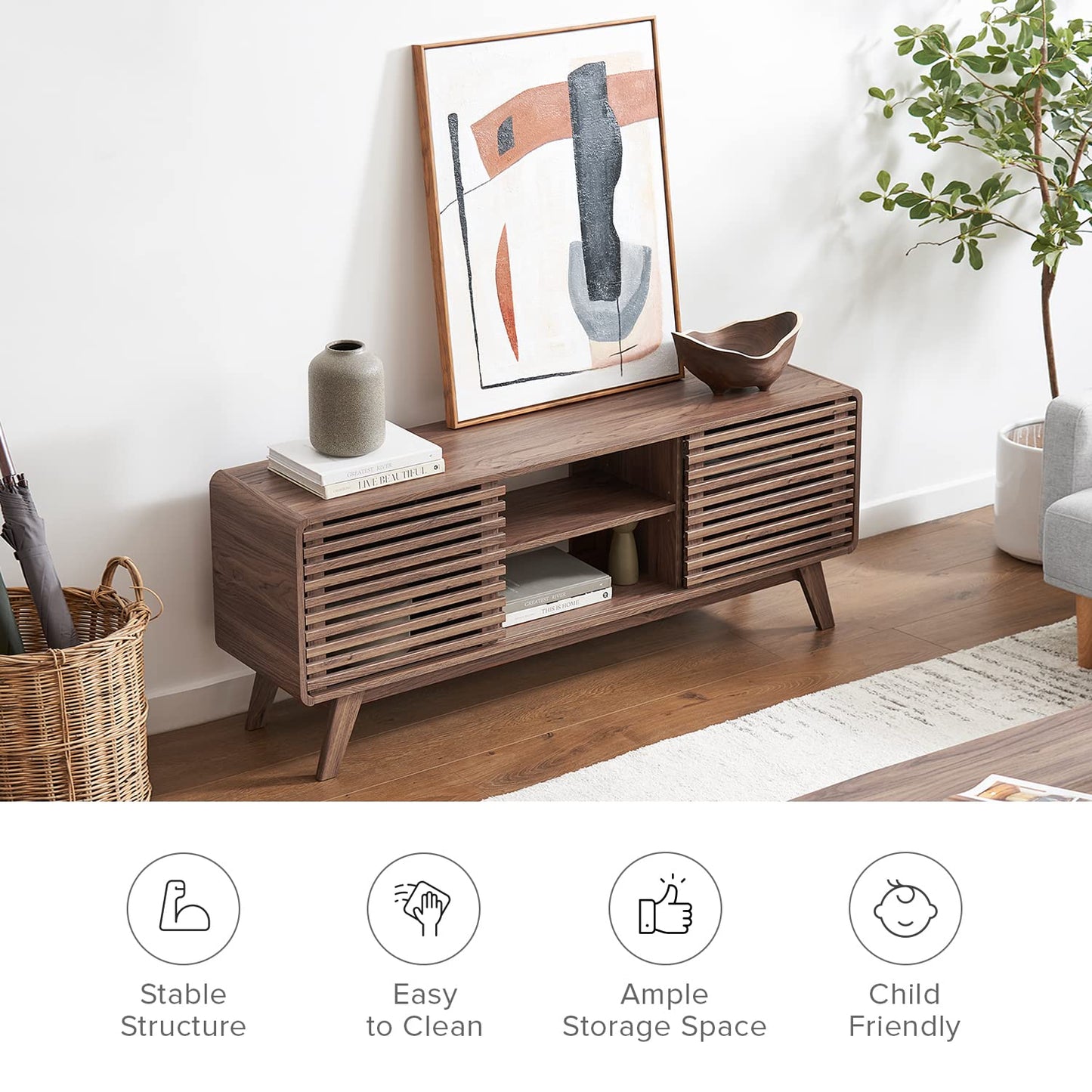 Mid-Century Modern TV Stand – 59" Walnut Entertainment Center for 55–65 Inch TVs,