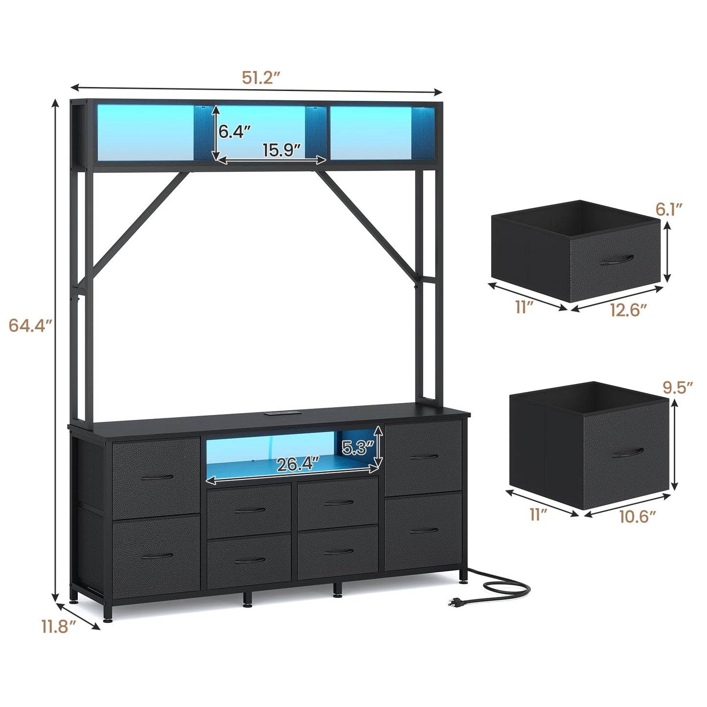 55" Rustic Brown TV Stand – LED Entertainment Center with Power Outlets, 6 PU Fabric Drawers