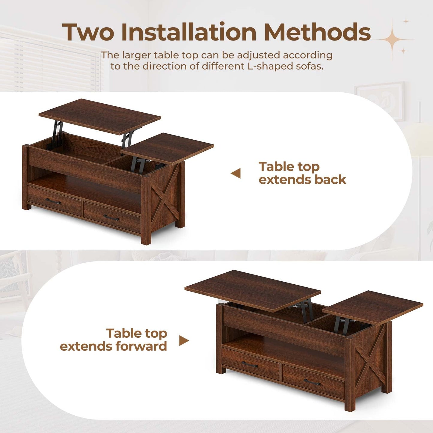 47.2" Black Lift Top Coffee Table – Farmhouse X-Frame Center Table with Hidden Storage & 2 Drawers