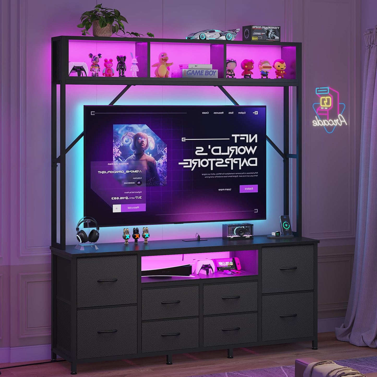 55" Rustic Brown TV Stand – LED Entertainment Center with Power Outlets, 6 PU Fabric Drawers