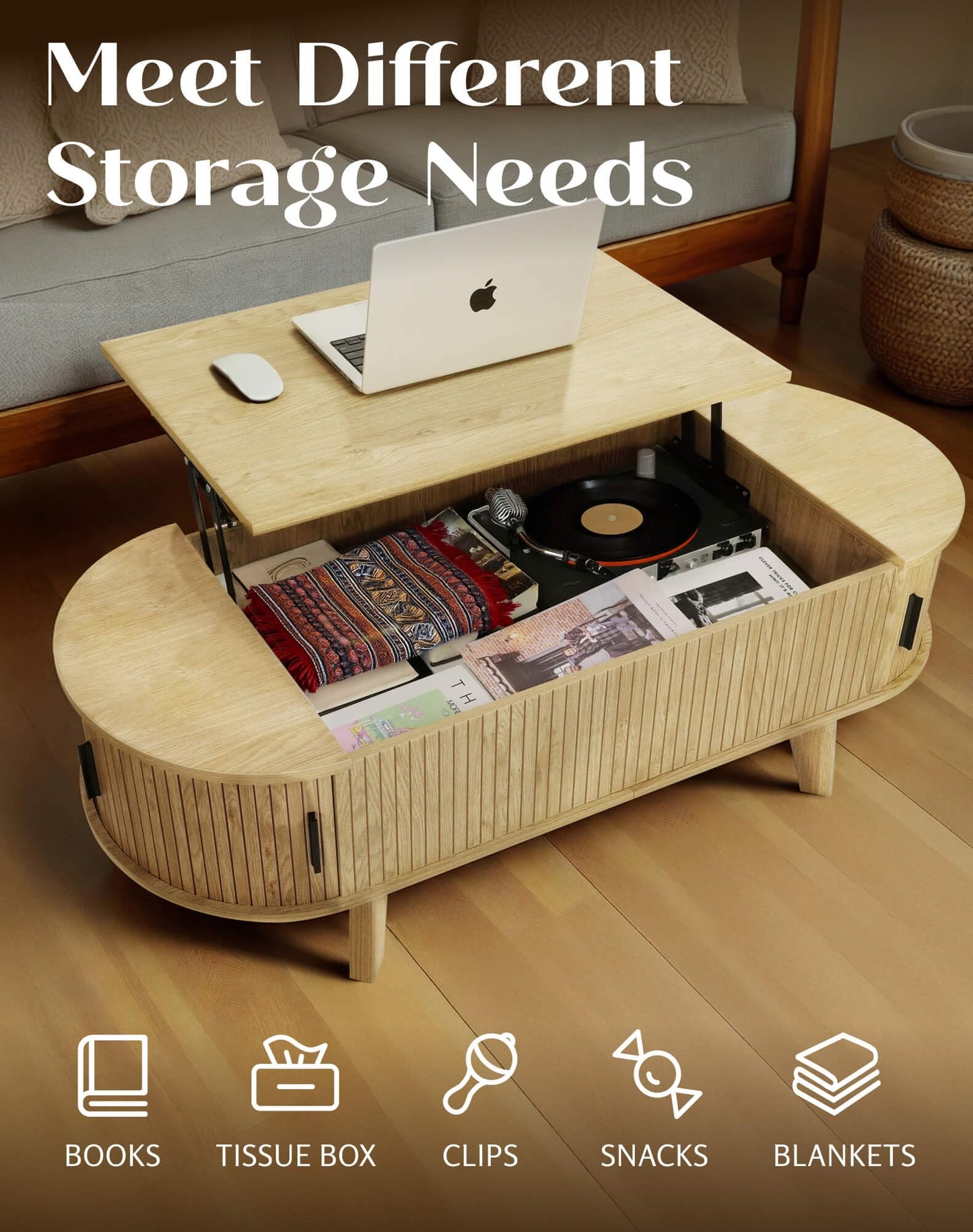 Oval Lift Top Coffee Table with Storage, 47.2" Mid Century Modern Living Room Center Table