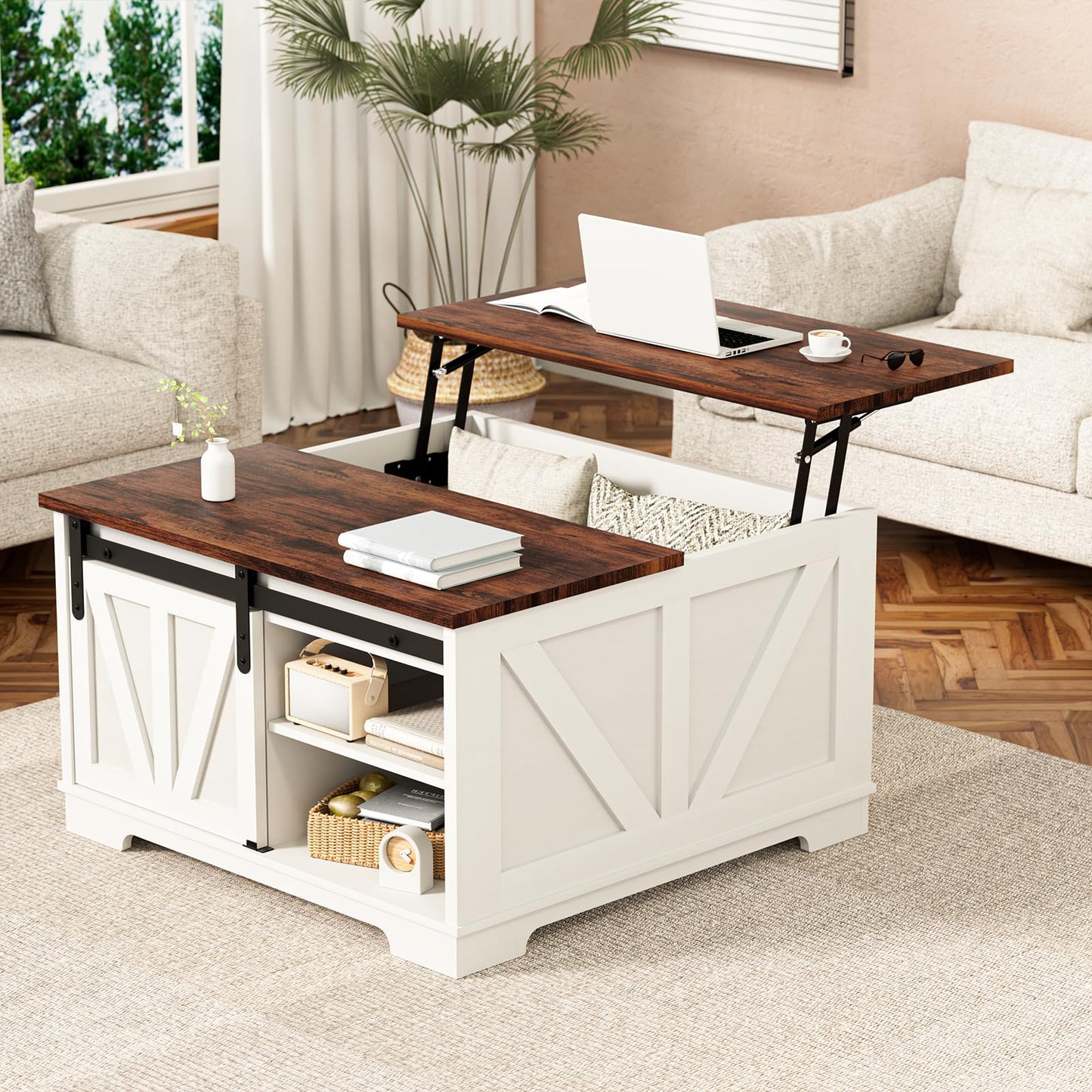 31.5" Lift Top Farmhouse Coffee Table – Square Center Table with Hidden Storage,