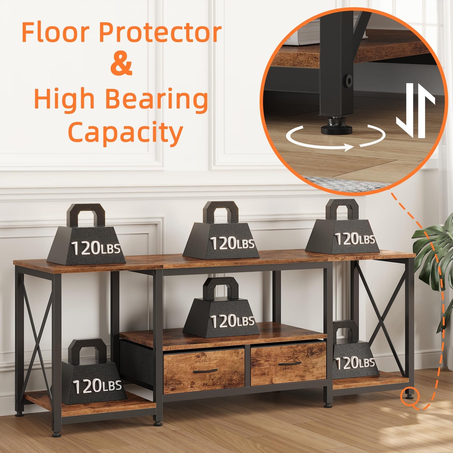 63" Rustic Brown TV Stand for 65–75 Inch TVs – Industrial Entertainment Center with Fabric Drawers