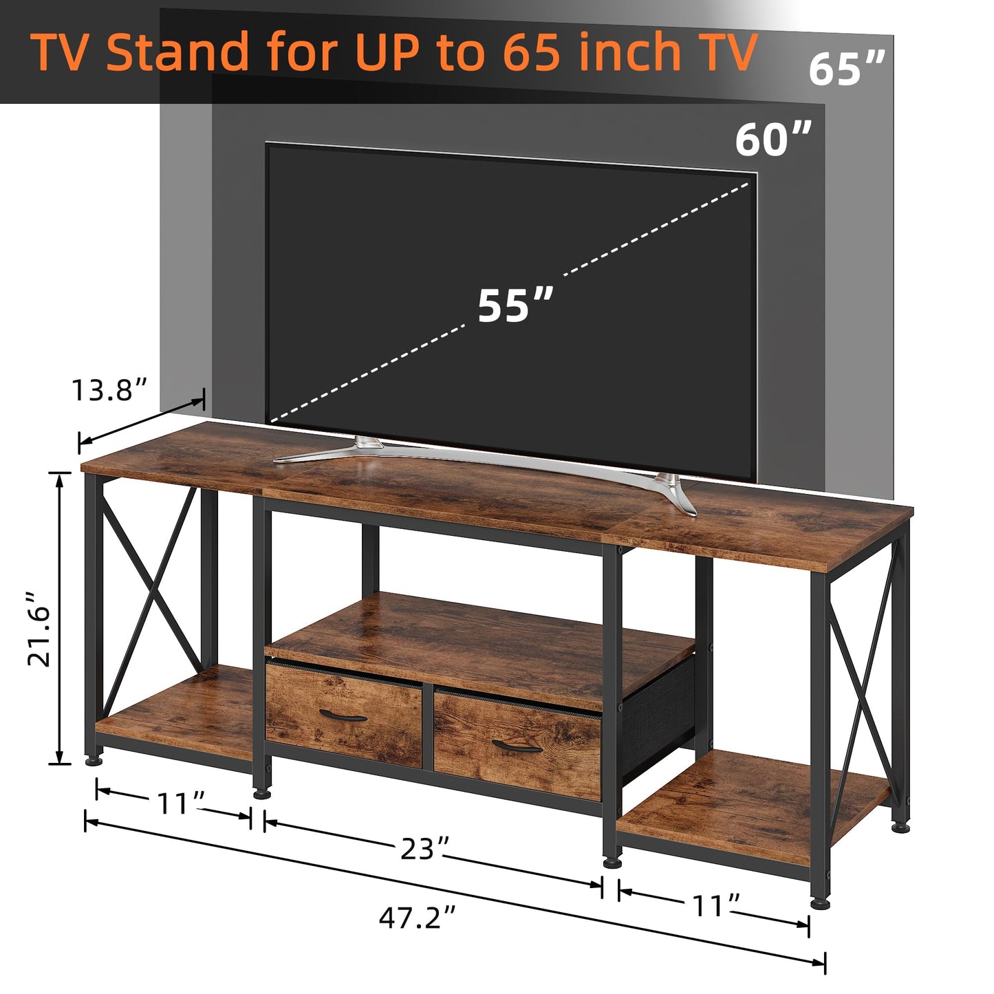 63" Rustic Brown TV Stand for 65–75 Inch TVs – Industrial Entertainment Center with Fabric Drawers
